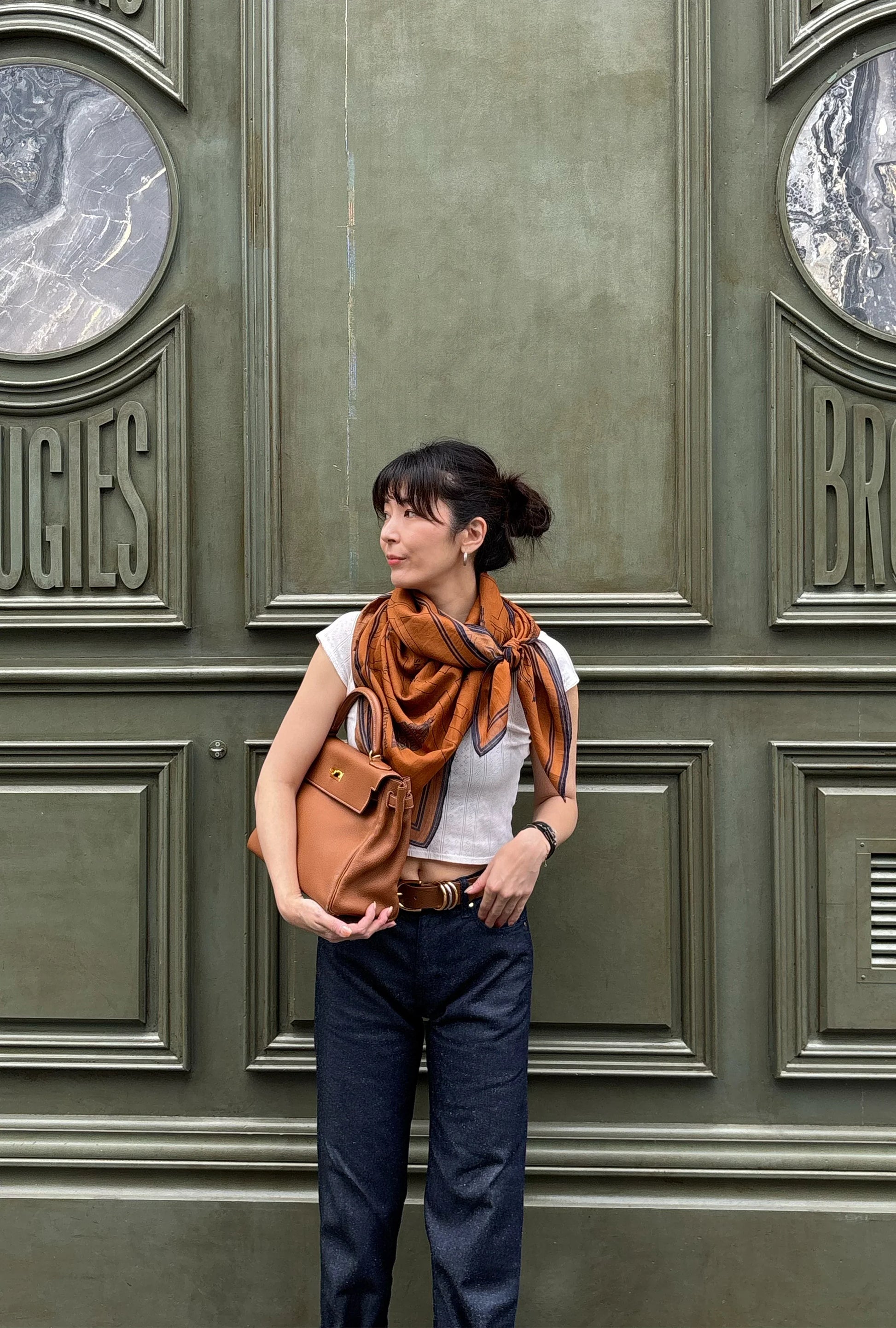 Foulard Ex-libris Paris x aLORS -une collaboration d’exception (キャメルx ネイビー) - aLORS online store