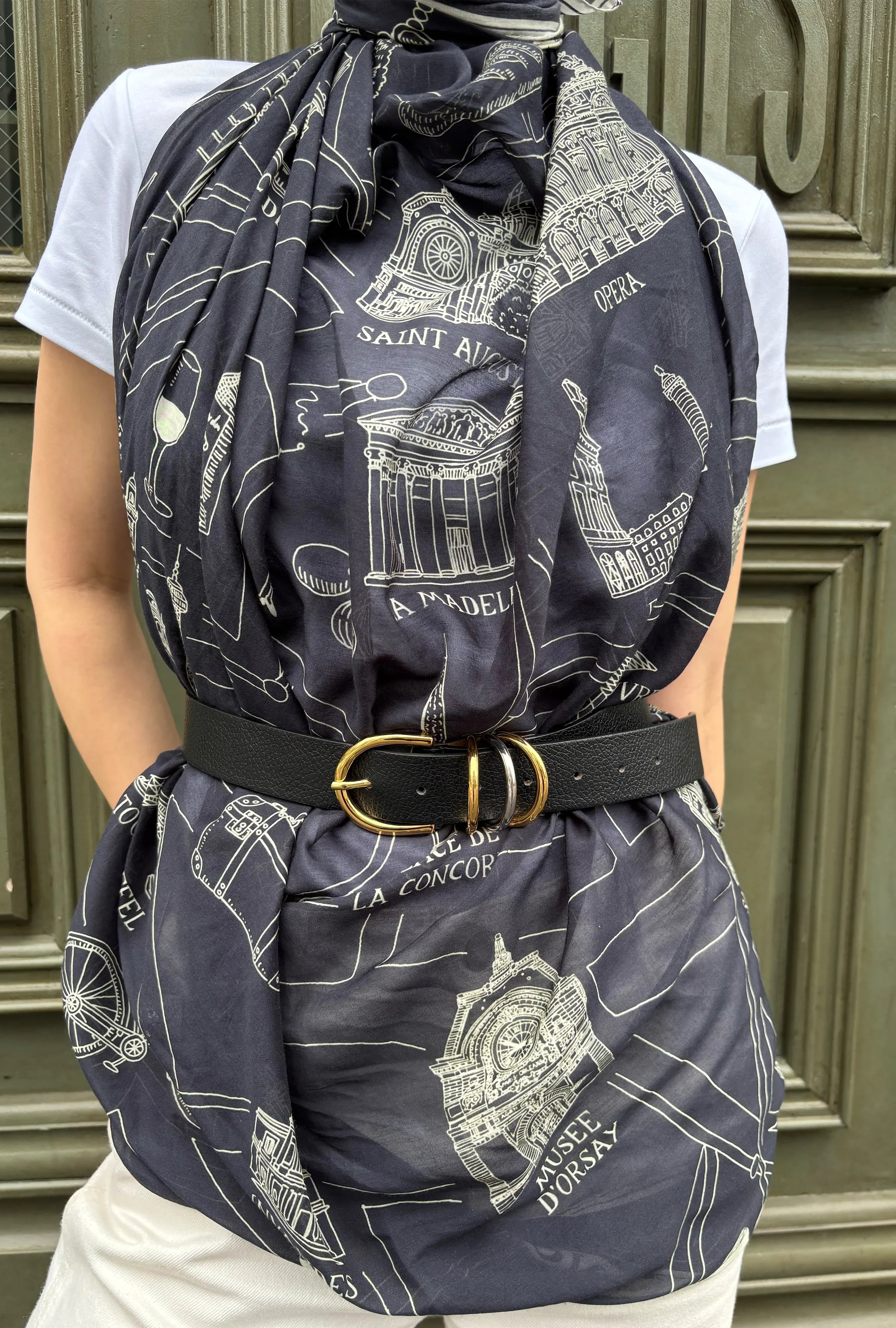 【aLORS】スカーフ（キャメル×ネイビー・90×90） Foulard Ex-libris Paris x aLORS -une collaboration d'exception