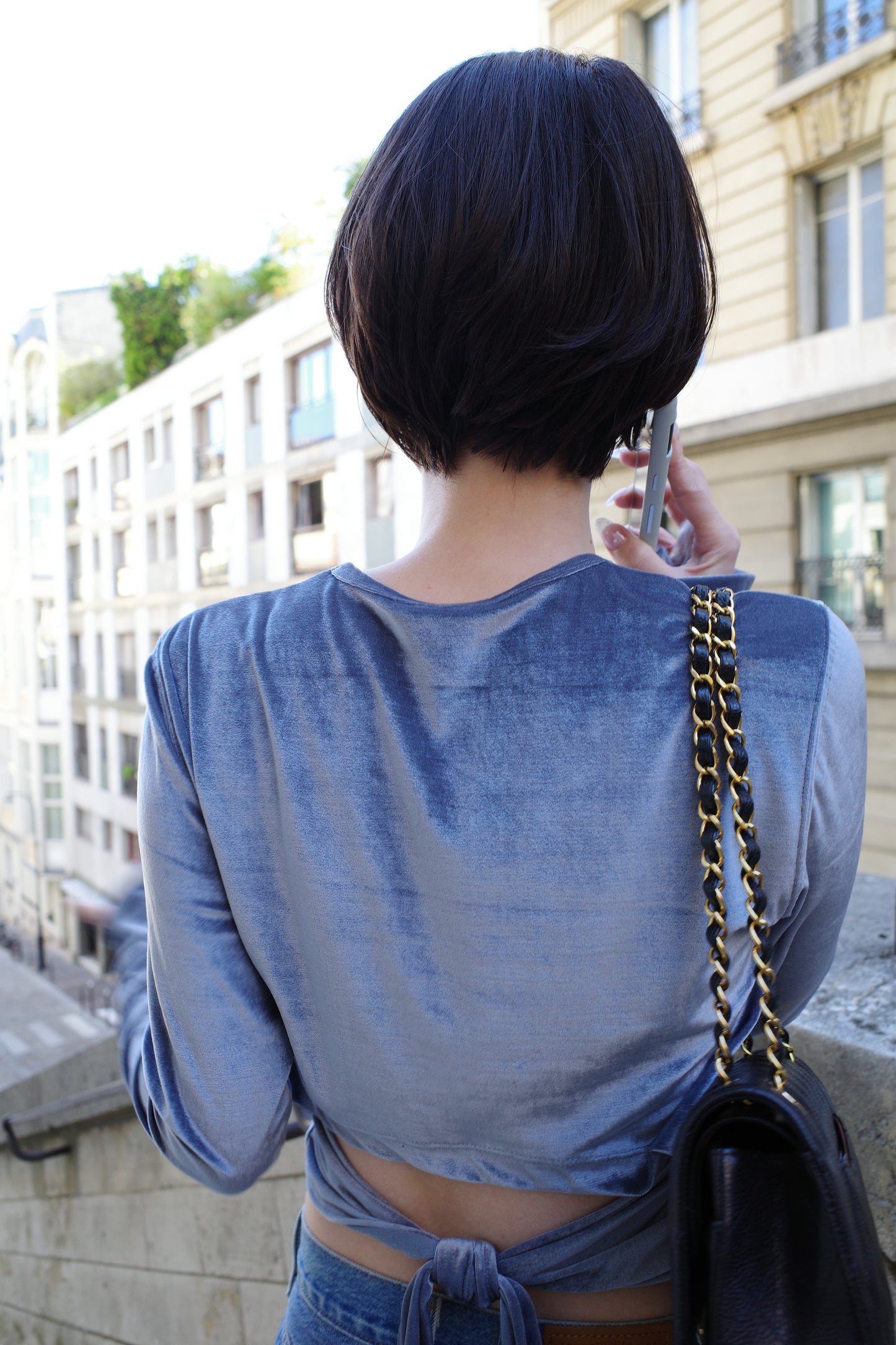 Haut court ouvert au dos Bleu Grisブルーグレー