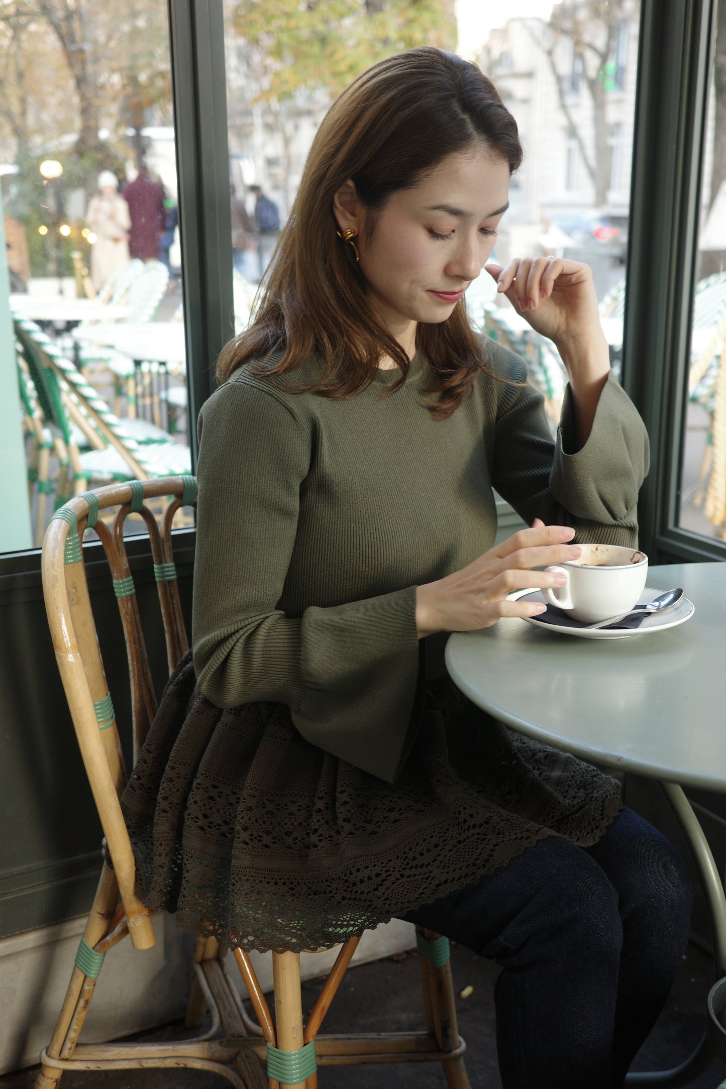 Pull en dentelle torsadée équestre Cadence Vert yomogi  カーキ