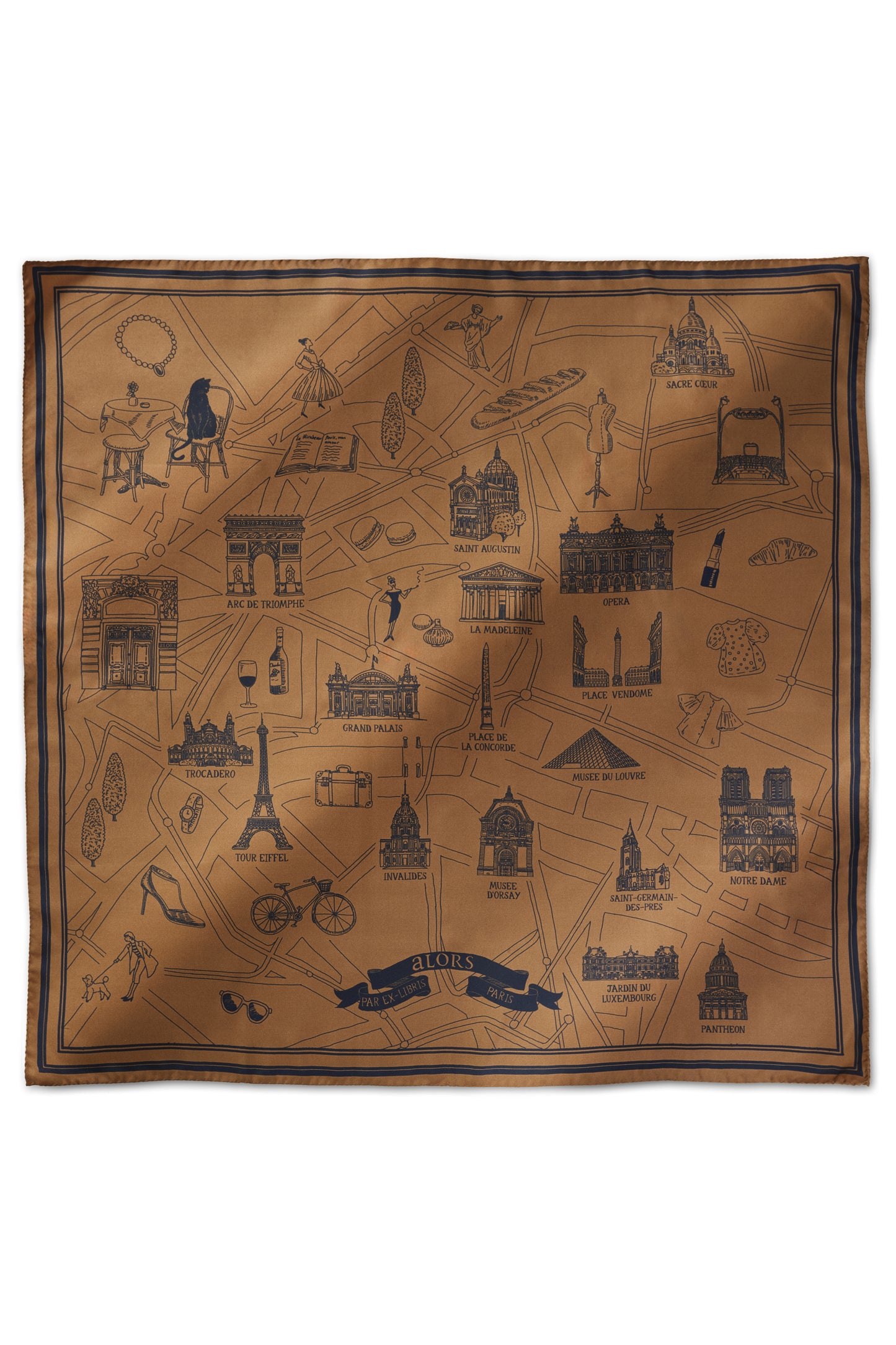 Foulard Ex-libris Paris x aLORS -une collaboration d’exception (キャメルx ネイビー) 90x90cm