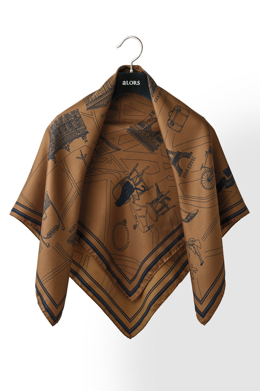 Foulard Ex-libris Paris x aLORS -une collaboration d’exception (キャメルx ネイビー) 90x90cm