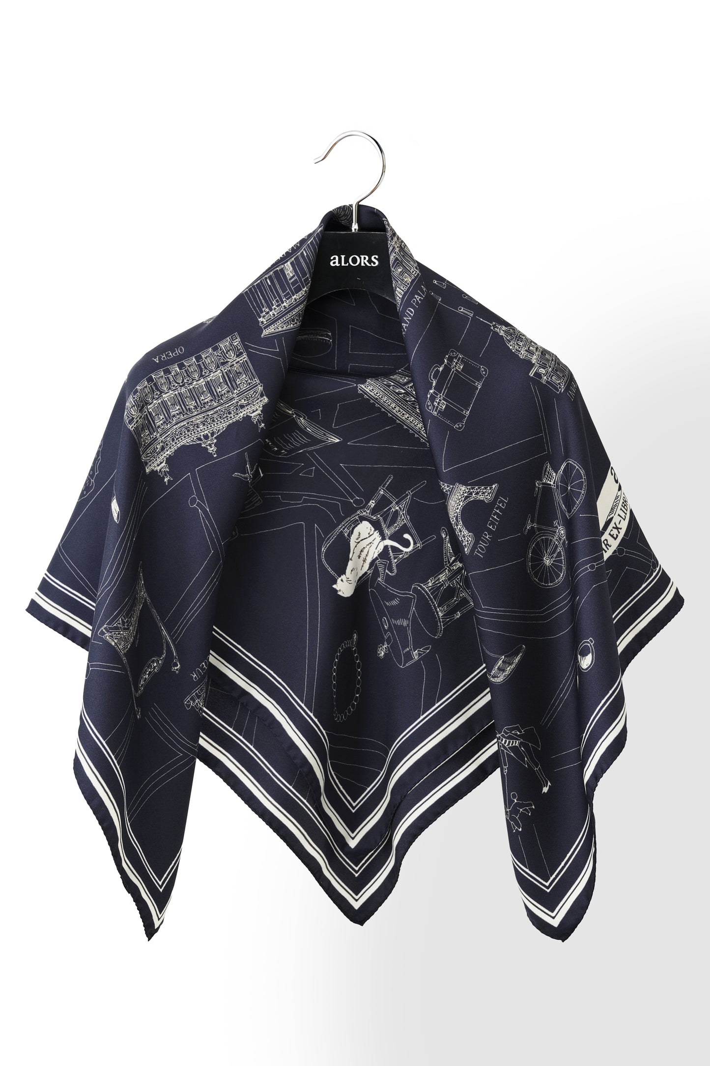 Foulard Ex-libris Paris x aLORS -une collaboration d’exception(ダークネイビーx アイボリー) 90x90cm