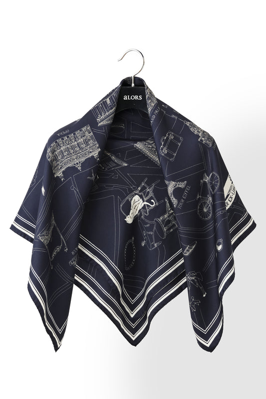 Foulard Ex-libris Paris x aLORS -une collaboration d’exception(ダークネイビーx アイボリー) 90x90cm