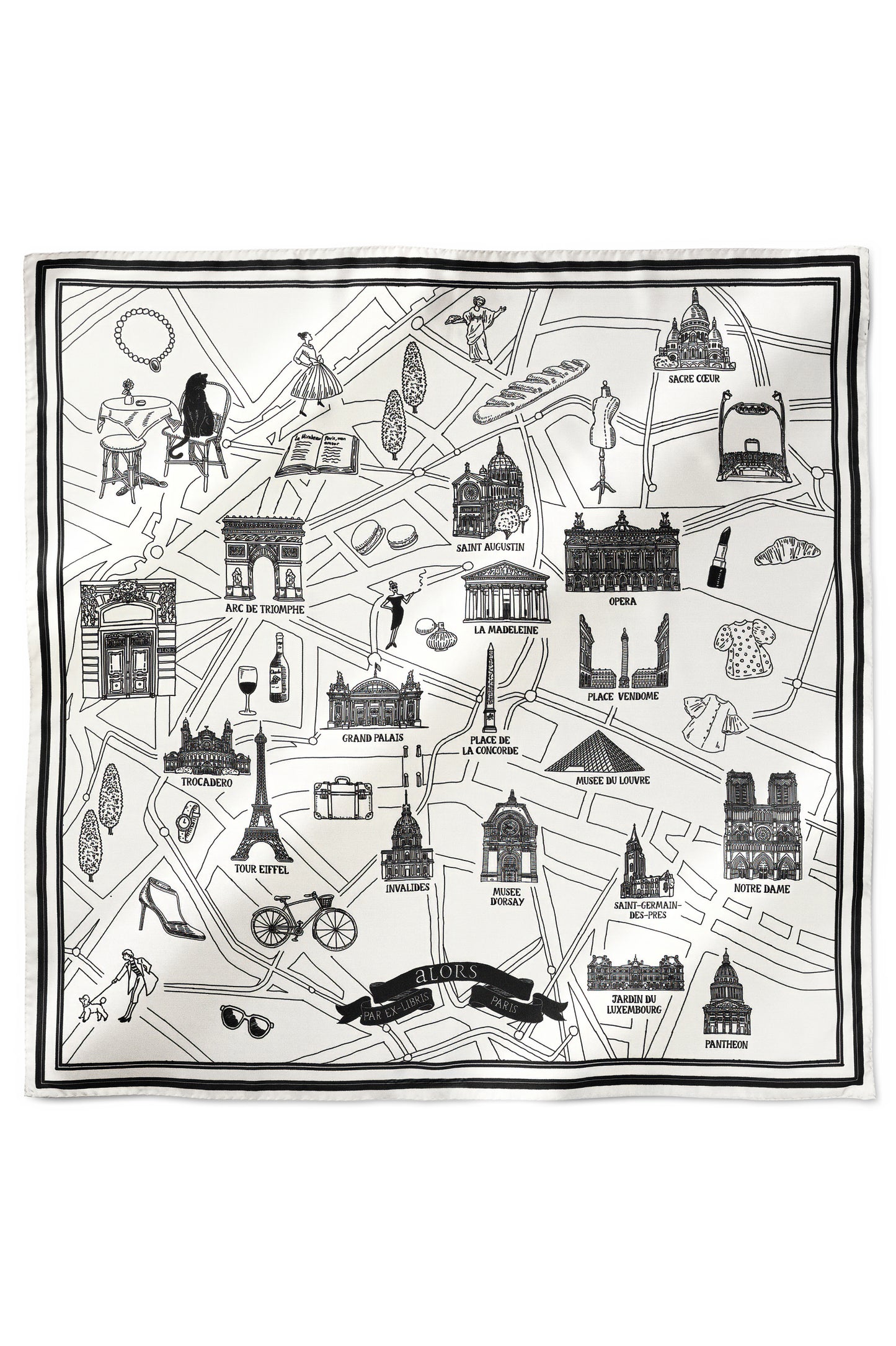 Foulard Ex-libris Paris x aLORS-une collaboration d’exception(ホワイトxブラック)90x90cm